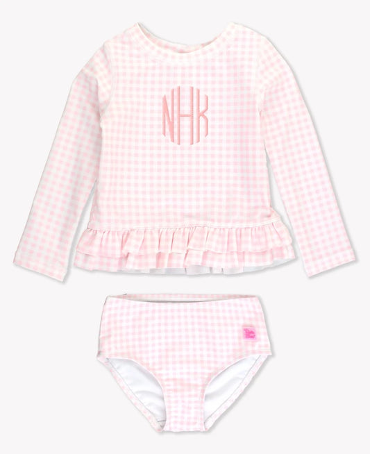 Pink Gingham Ruffle Hem Rash Guard 2PC