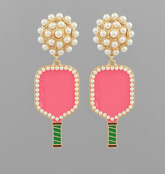 Pickleball  Pearl PomPom Earrings
