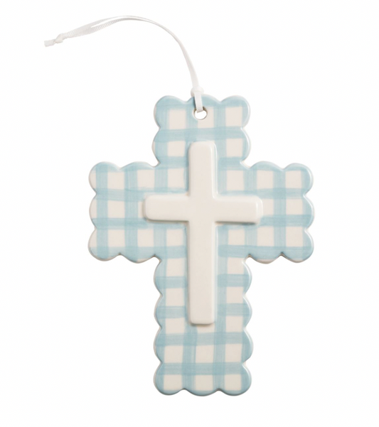 Blue Gingham Ceramic Cross