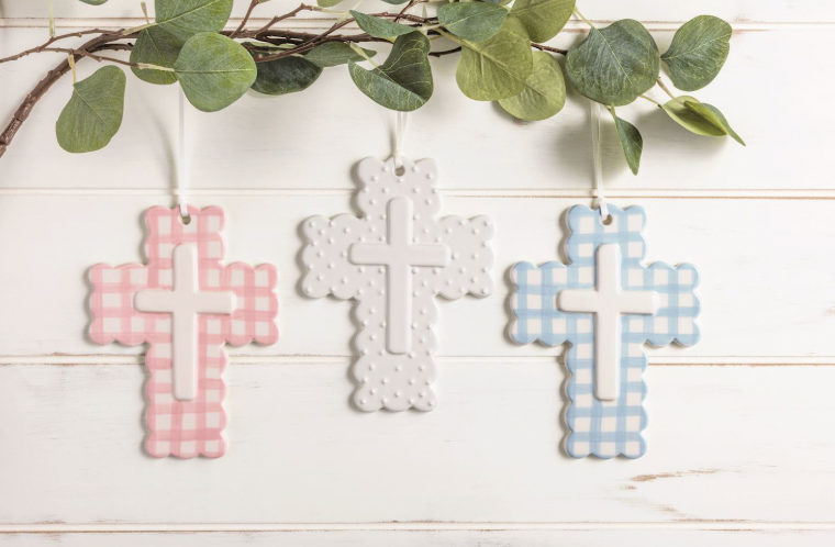 Blue Gingham Ceramic Cross