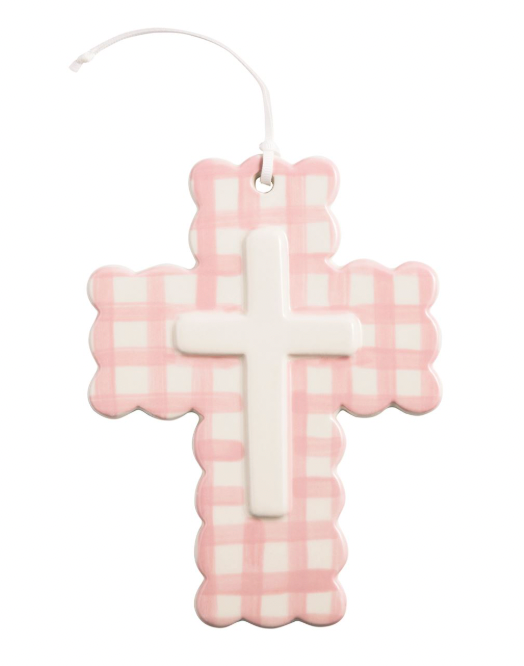 Pink Gingham Ceramic Cross