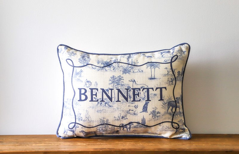 "Baker" Name Blue Dog Toile Pillow