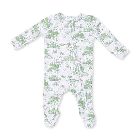 Green Toile Golf Zipper Footie