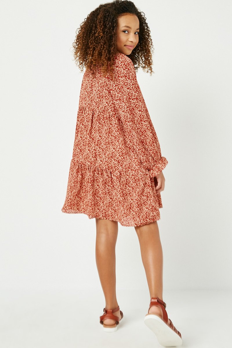Rust Ditsy Floral Tie Neck Long Sleeve Dress FINAL SALE